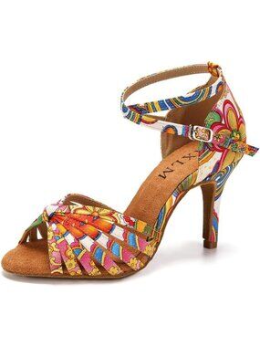 Women's Latin Floral Printed Salsa Ballroom Tango Open Toe Heel Dance Shoes
